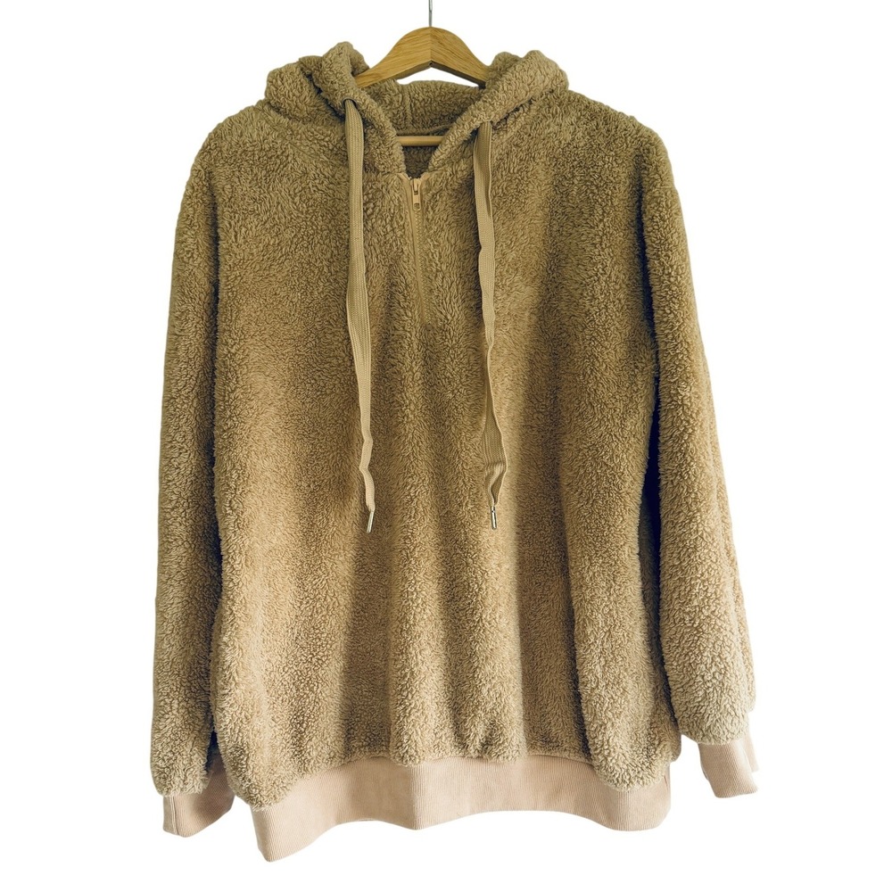 Womens Tan Faux Shearling Teddy Fleece Quarter Zip Hoodie Sweatshirt Large L
